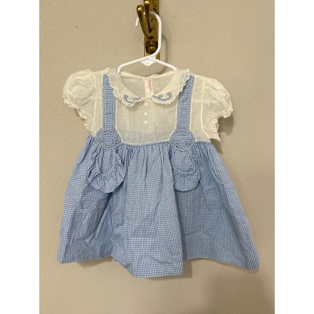 Yolande Dress Baby 6M Blue Gingham Vintage Handmade Lace Embroidered Pinafore